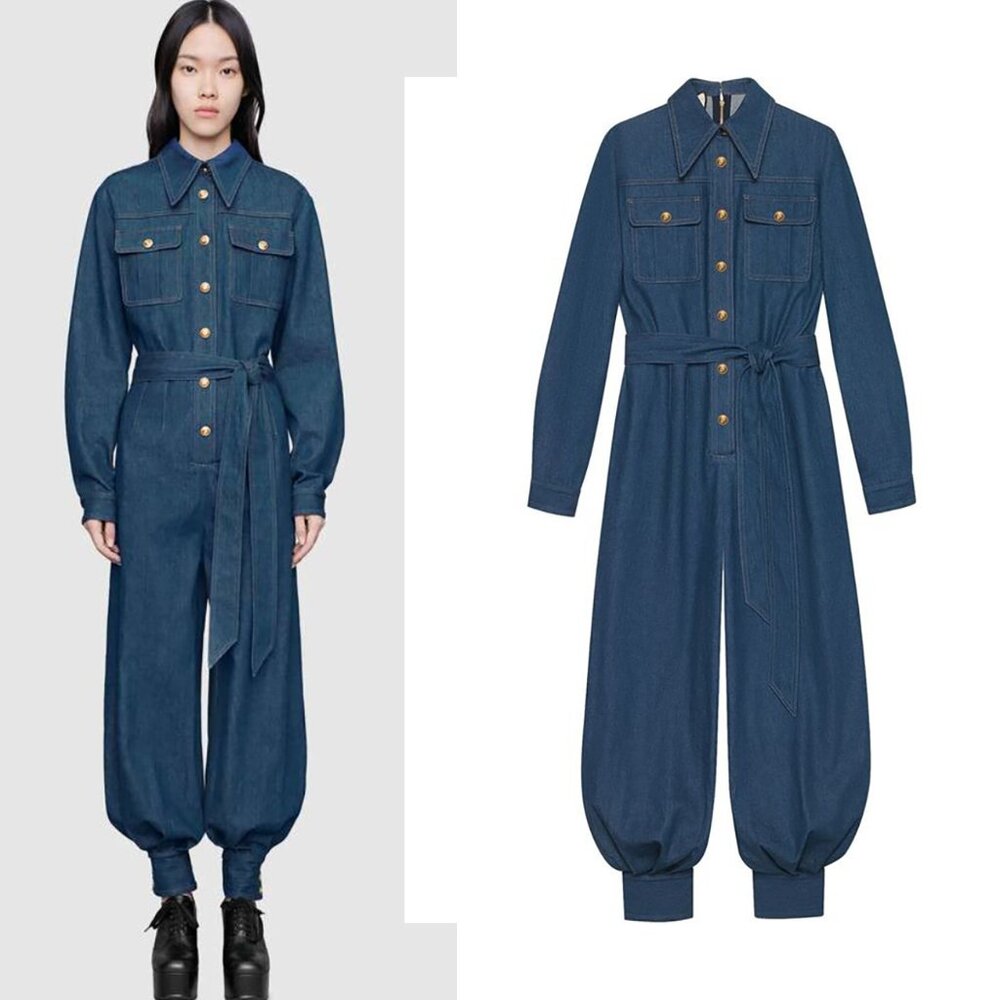 GUCCI JUMPSUIT BLUE DENIM BELTED LONG SLEEVE LOGO BUTTONS sz IT 40 US 4